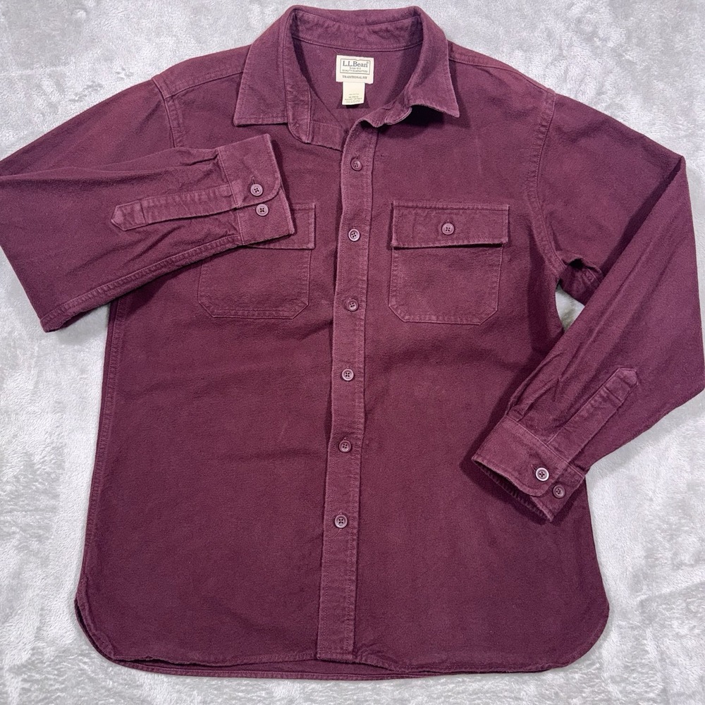 LL Bean Chamois Shirt Mens Medium Heavy Flannel Burgundy Red Button Up